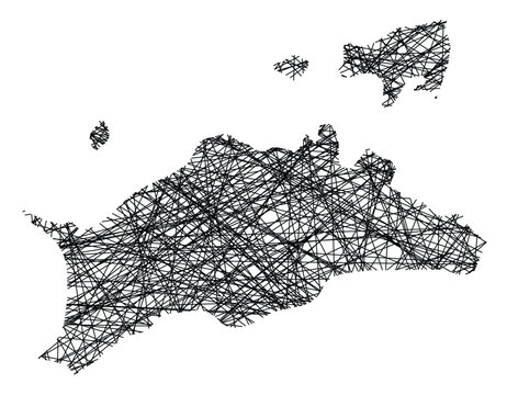 Symbol Map of the Prefecture Kagawa (Japan) showing the state with black, crossing lines like Mikado Sticks or a spider web