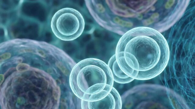 Microscopic cell clusters floating in a liquid environment. Biological structure under medical research. Science and technology simulation of organic cell life cycle.