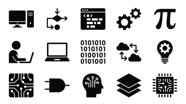 A collection of icons representing various aspects of technology, including computers, coding, data, and artificial intelligence.