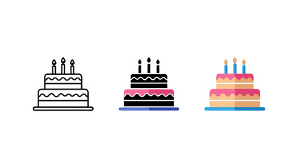Naklejka premium Three different cake icons: outline filled flat design with candles white backgroun
