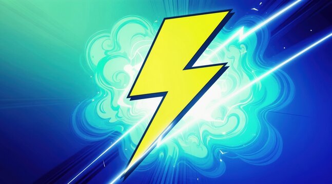 Yellow lightning bolt graphic effect on blue and teal background with abstract energy lines. Dynamic motion energy abstract illustration with powerful strike