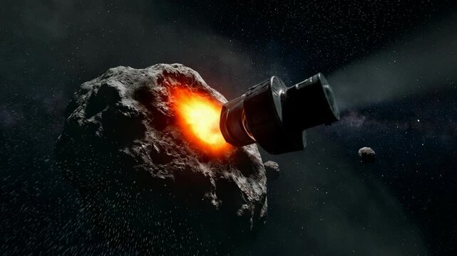Space probe crashing into asteroid. Robotic explorer impacting space rock with explosion. Planetary defense mission, astronomical research and science technology.
