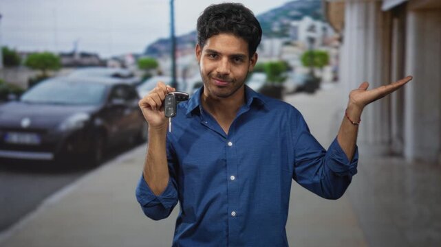 Man holding car keys with palm up gesture on street near parked car, blue shirt visible; choice uncertainty.