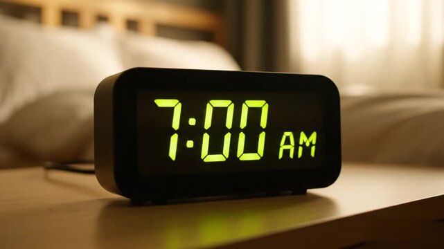 Close-up of an electronic digital alarm clock on a bedside table in a dim bedroom showing 7:00 AM while the luminous screen display blinks and flickers during a morning wake-up call sequence.