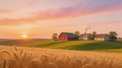 Fototapeta premium Farmhouse in wheat field at sunset