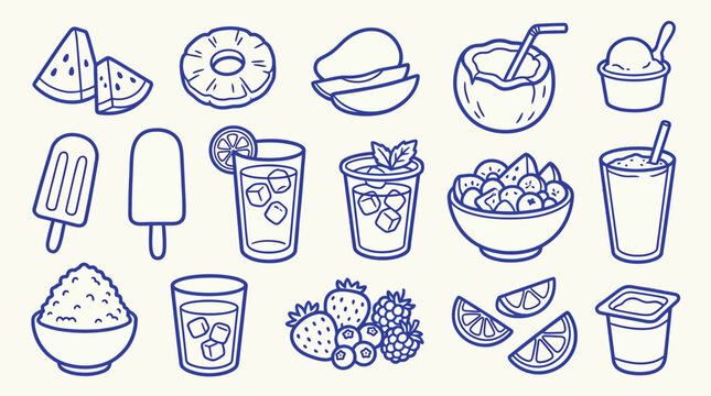 Summer Refreshments and Fruits Doodle Icons Set.
