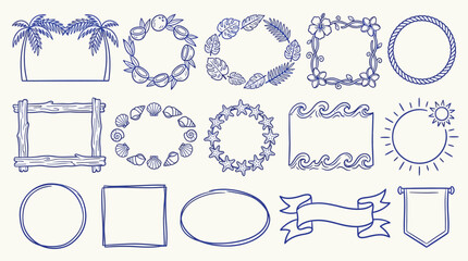Set of hand-drawn tropical frames and borders with summer elements, perfect for design projects and vacation themes. © zainab