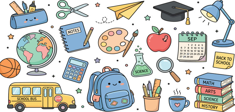Hand-drawn flat vector illustration of back to school icons including school bus, backpack, books, stationery, and science equipment isolated on white background.