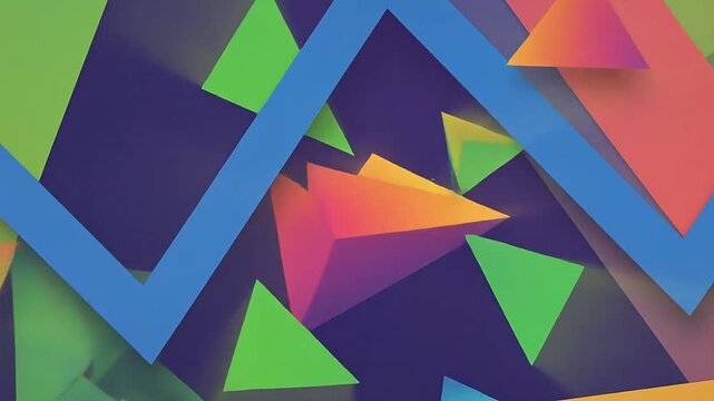 Colorful 3D geometric composition with triangles on purple background