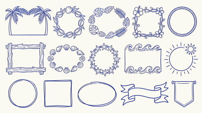 Set of hand-drawn tropical frames and borders with summer elements, perfect for design projects and vacation themes.