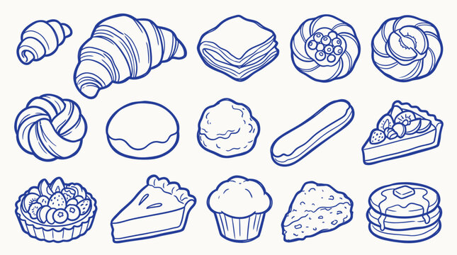 A collection of various baked goods and pastries, including croissants, tarts, cakes, and muffins, in a simple line art style.