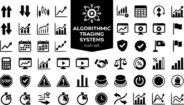 Algorithmic Trading Systems Icon Set Signal Backtest Paper Trade Execute Position Size Risk Limit Kill Switch Latency Slippage Quant Trading Vector Illustration