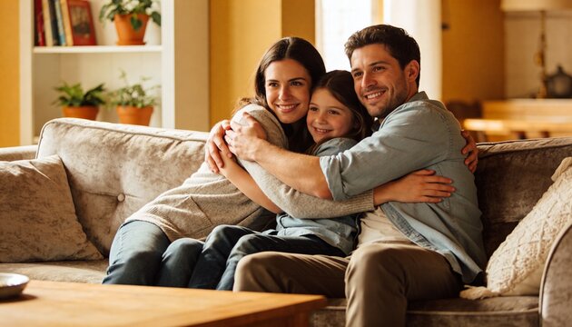 Hugging family trio casually dressed, sitting on plush sofa in cozy living room with coffee table