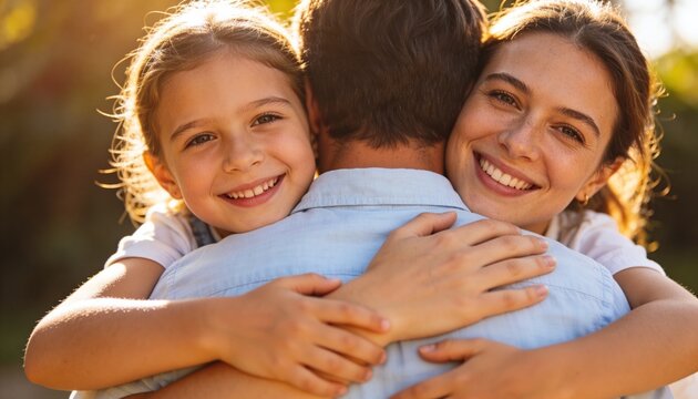 Hugging family trio sharing joyful moment in sunlit garden, with light-blue shirt and bokeh