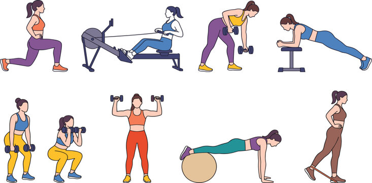 Vector illustration set of diverse women performing various fitness exercises including rowing machine workouts weightlifting squats planks and resistance band training isolated on white background.