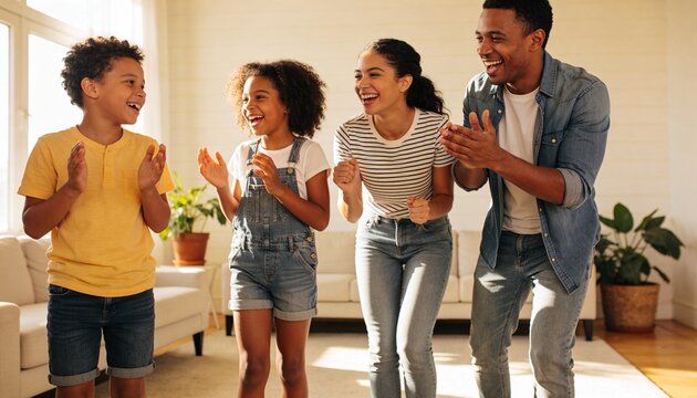 Clapping family of four wearing casual denim responding in living room, with sofa, plants, rug