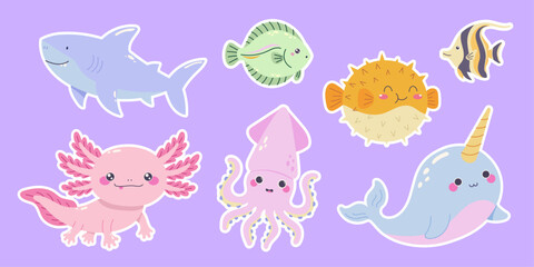 Sea creatures and underwater animals sticker set with shark axolotl squid and narwhal © Tetianka