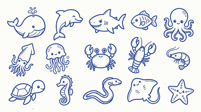 A charming collection of hand-drawn blue line art illustrations depicting various cute sea creatures in a whimsical style.