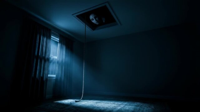 Ghostly woman peaking from dark attic hatch in spooky empty room. Night mystery and horror thriller concept. Creepy abandoned house scene with moonlight interior.