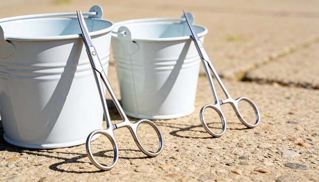 Casting sharp shadows, two small metal pails sitting on concrete patio with steel locking forceps