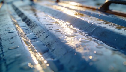 Obraz premium Glistening wet blue corrugated panel reflecting sunlight at low angle on roof, with water droplets