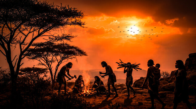 Human Evolution: Homo sapiens tribe gathering near a communal campfire while carrying firewood in the African wilderness during a radiant orange sunset sky CGI.