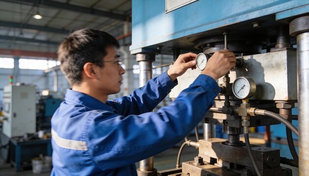Adjusting technician in blue coverall turning dual gauges at factory, hydraulic press
