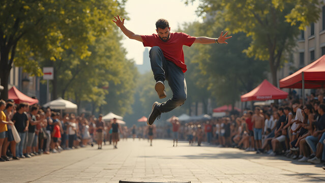 Street performers urban park. Free-running competition excitement. Urban acrobatics and creativity. Spectacular stunts and skilled athletes.