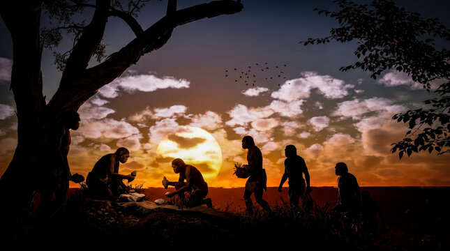 CGI Rendering of a Museum Exhibit Displaying a Chronological Collection of Hominid Skulls with Lower Jaws Representing Different Stages of Human Evolution Background showing indistinct prehistoric art