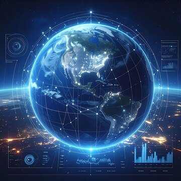 Global Digital Network Earth Illustration With Glowing Blue Continents And Futuristic Data Visualization Interface Representing Connectivity