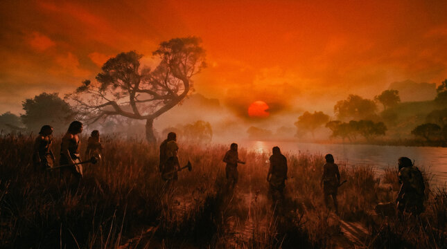 Homo erectus group coordinating and foraging across the ancient African savannah during a vibrant red sunset CGI.