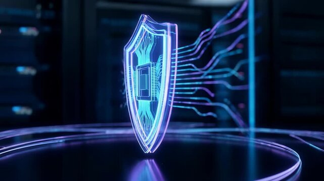 Glowing shield icon with circuit pattern in server room. Digital data security and cyber protection concept. Advanced network technology and system firewall defense.