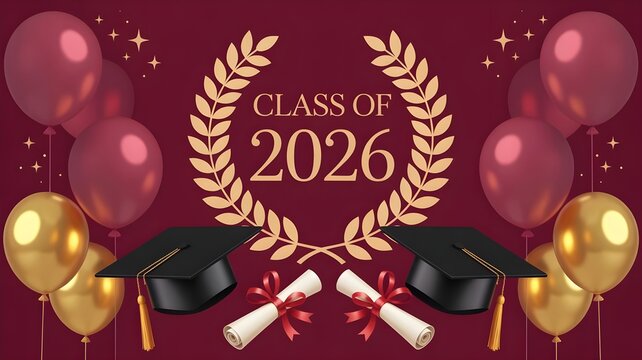 Class of 2026 graduation celebration background featuring elegant gold laurel wreath black mortarboard caps scrolls with ribbons and festive balloons on a deep burgundy maroon