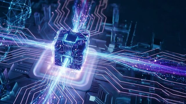 Glowing data cube integrated with digital motherboard circuit board. Futuristic processor transmitting information flow. Advanced technology concept for network system.