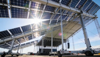 Naklejka premium Framing elevated solar panel canopy sheltering temporary concert stage on paved lot, with speakers