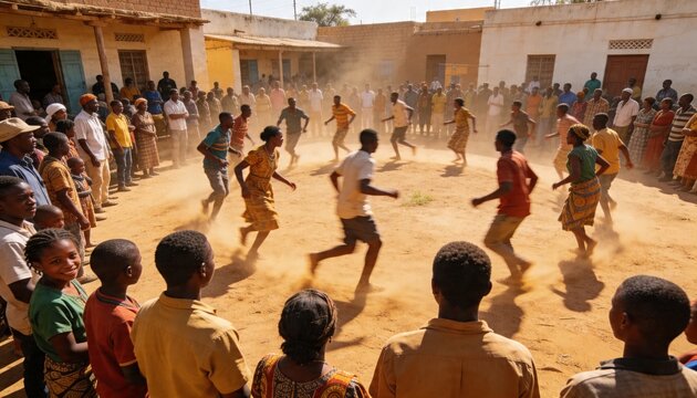 Running, pivoting participants stirring dust in packed dirt courtyard, patterned cloths and veranda