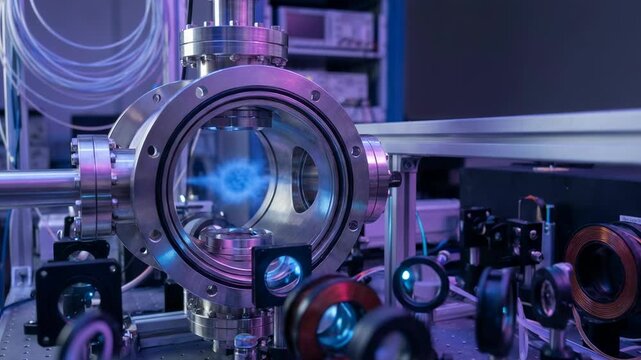 Plasma physics experiment inside a vacuum chamber. Scientific laser equipment for nuclear fusion research. Advanced laboratory technology for energy innovation.