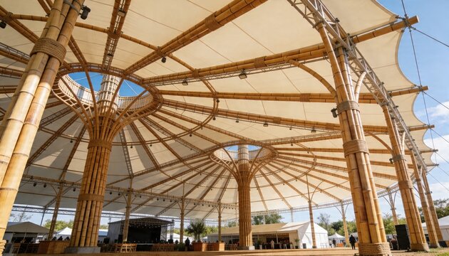 Showcasing radial canopy covering event pavilion, with bamboo columns, stage, staff in hi-vis vests