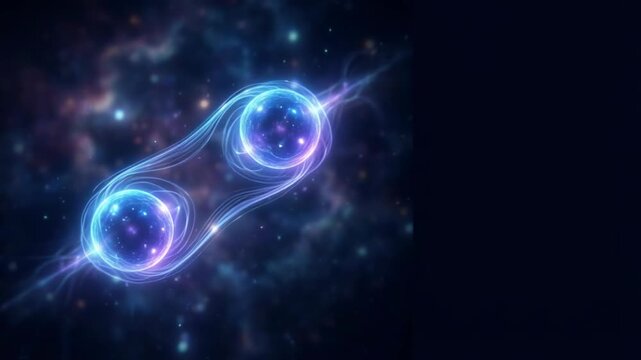 Two glowing spheres connected by energetic waves in space. Scientific visualization of quantum entanglement and binary star system movement in dark universe.