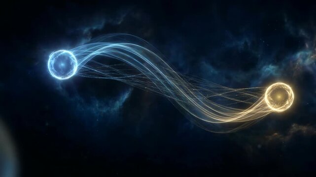 Blue and golden glowing spheres connected by energy stream in space. Abstract technological visualization of data transfer between planets. Science fiction concept.