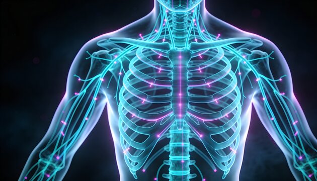 Showing anatomical torso displaying ribcage sternum spine at studio backdrop, with cyan nerves