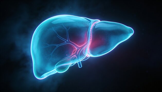 Showing translucent liver glowing with magenta hilum and visible vessels in medical 3D rendering