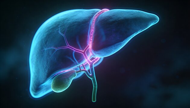 Showing translucent neon liver with glowing portal veins, cystic duct, gallbladder in medical 3D
