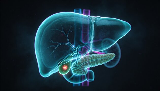 Showing cyan liver with vascular vessels in neon view, tracing gallbladder, biliary ducts, pancreas