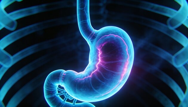 Glowing neon stomach showing rugae and filaments in medical view with esophagus, duodenum, ribs