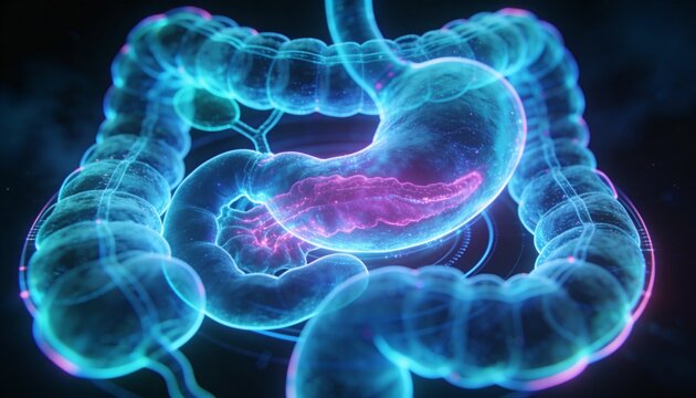 Displaying 3D digestive system in virtual lab, featuring stomach, colon loops, magenta pancreas