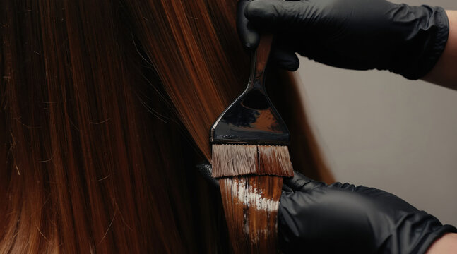 Hairdresser with black gloves applies brown dye to long brown hair using brush. Close-up process of coloring hair. Pro beautician at work in salon.
