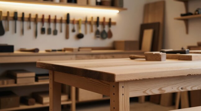 Woodworking shop with workbench and tools. Natural wood table surface, timber material, carpentry craft. Shelves hold supplies, wooden projects in workshop setting. Expertise and creation.