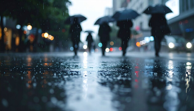 雨の日の都市の風景　濡れた路面に反射する街灯と傘をさして歩く人々のシルエット　憂鬱で落ち着いた雰囲気の都会の日常を表現した情緒的な写真素材　Webサイトやブログの挿絵や広告バナーに使用可能な背景画像