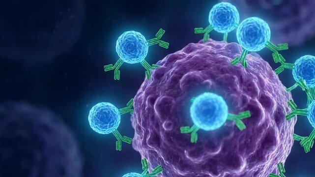 Immune cell attacking tumor cell with receptors. Biology animation of antibody binding to cancer cell. Scientific visualization of microscopic immune response.